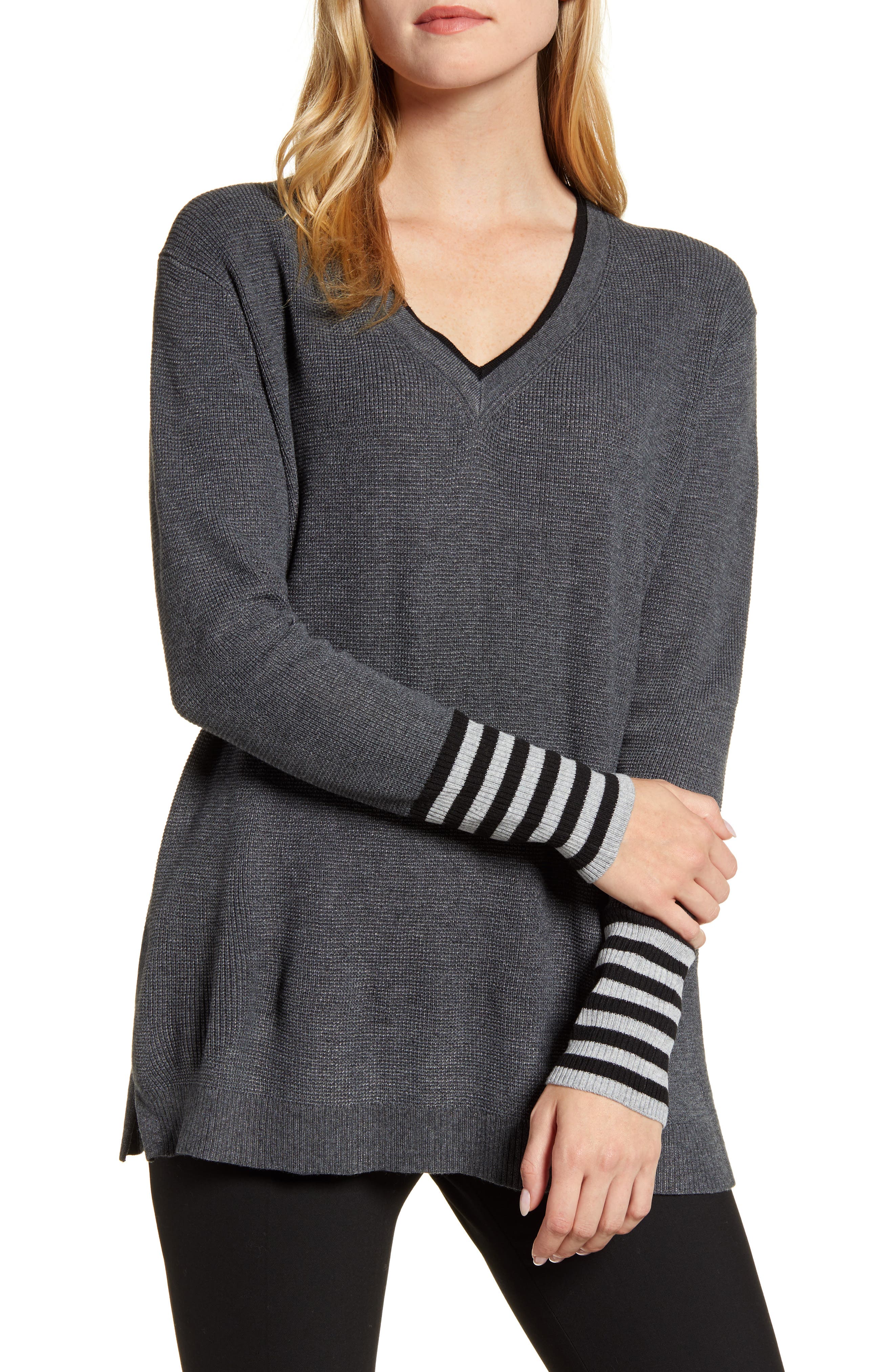 Vince Camuto V-Neck Stripe Cuff Sweater | Nordstrom