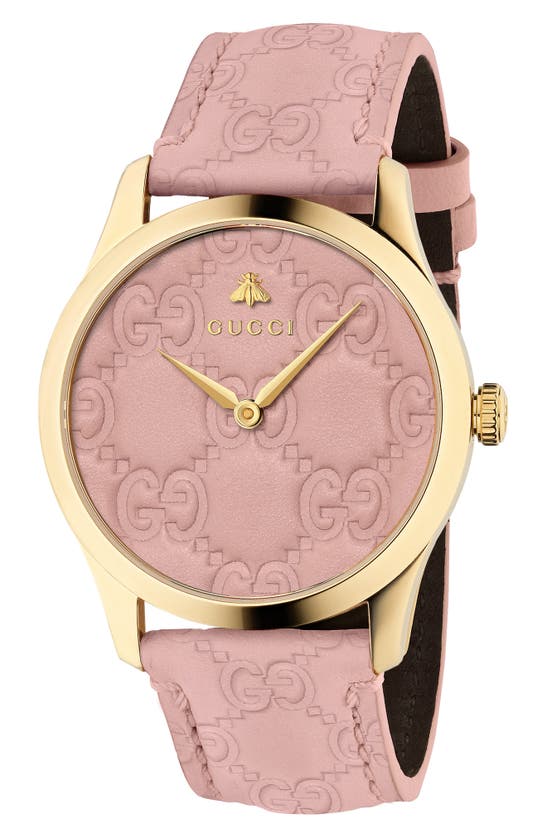 Gucci G-timeless Logo Leather Strap Watch, 38mm In Pink/ Gold
