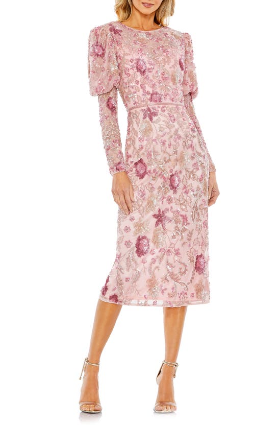 Mac Duggal Beaded Floral Long Sleeve Sheath Cocktail Dress In Pink