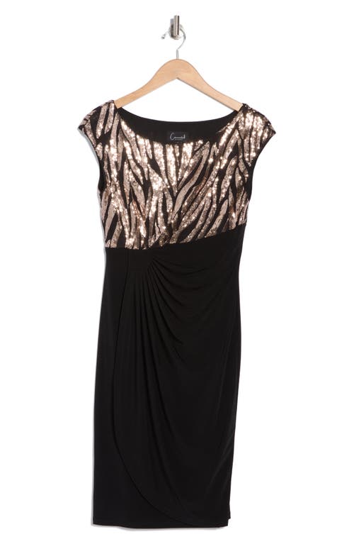 Connected Apparel Sequin Faux Wrap Dress In Black/gold