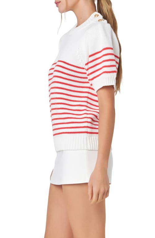 Shop English Factory Stripe Short Sleeve Cotton Sweater In Off White/red