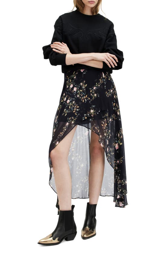 Shop Allsaints Slvina Oto Floral Ruffled High-low Skirt In Black