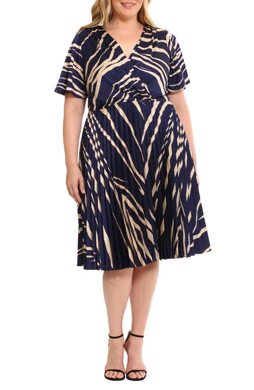 Maggy London Abstract Print Wrap Front Pleated Dress In Royal Navy/bone