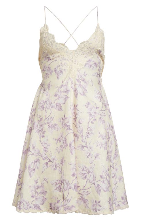 Shop Zimmermann Halliday Floral Lace Trim Linen Mini Slipdress In Yellow/lilac Floral