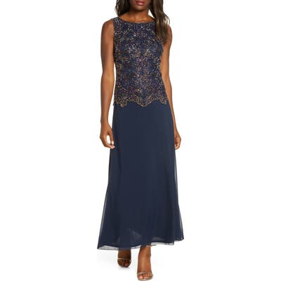 Pisarro Nights Beaded Mock Two-Piece Gown, Blue