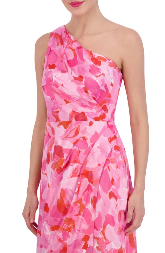 Shop Vince Camuto Floral One-shoulder Satin Sheath Gown In Bright Fuschia