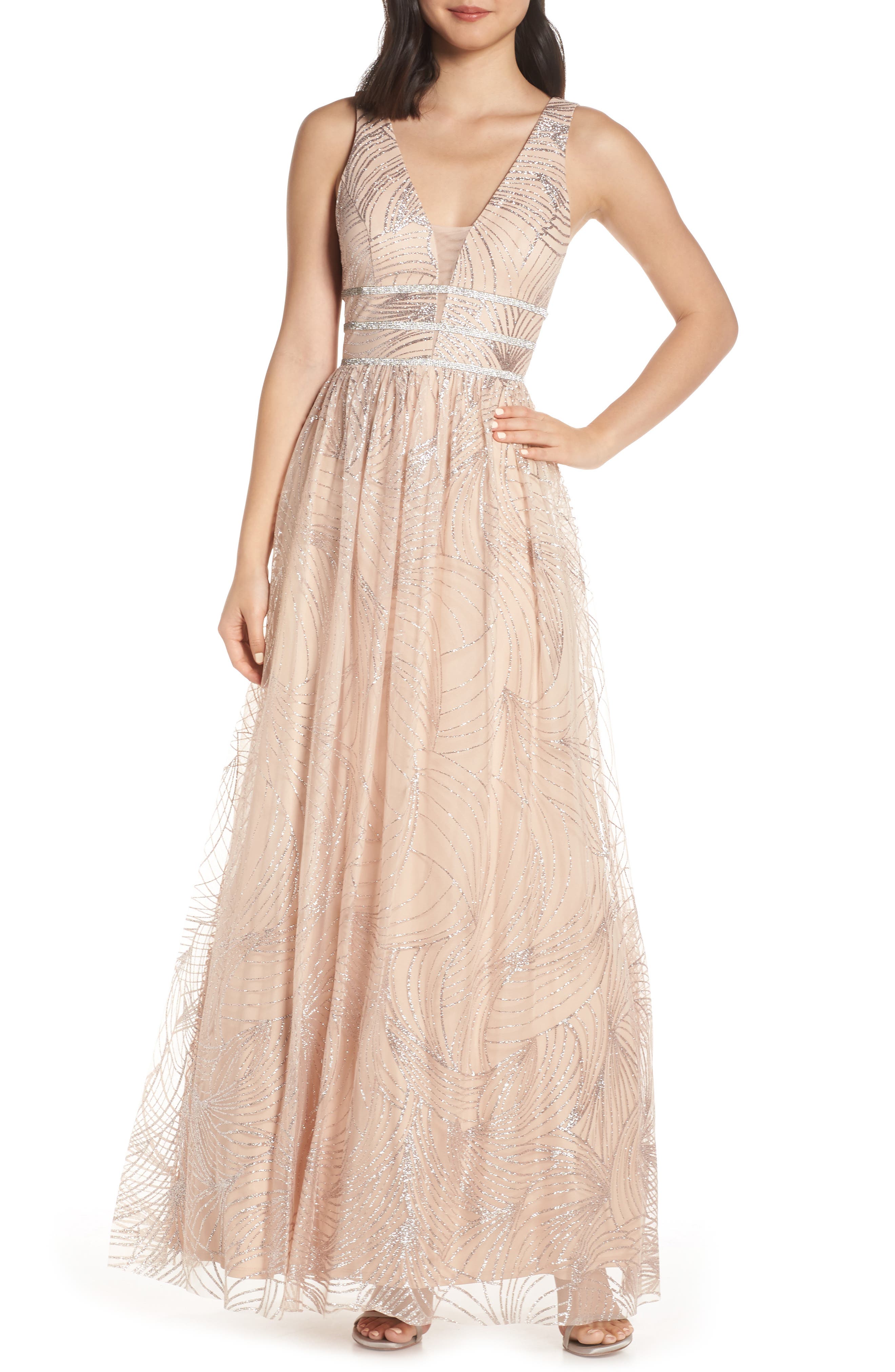 Blondie Nites Stripe Waist Glitter Mesh Evening Dress, Beige