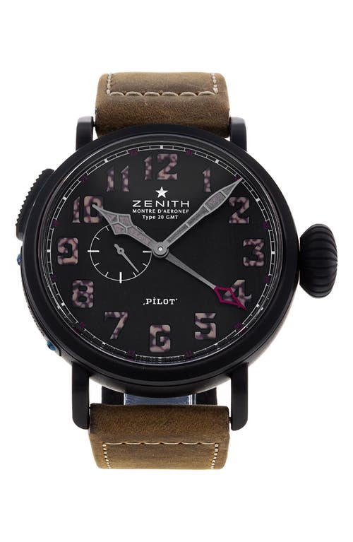 Zenith Preowned Pilot Leather Strap Watch in Steel/Black Pvd