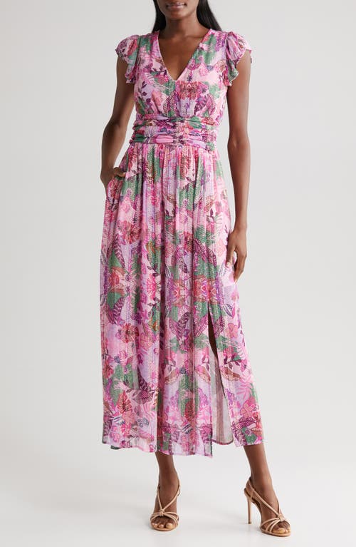 Jennsen Ruched Flutter Sleeve Maxi Dress in Pink