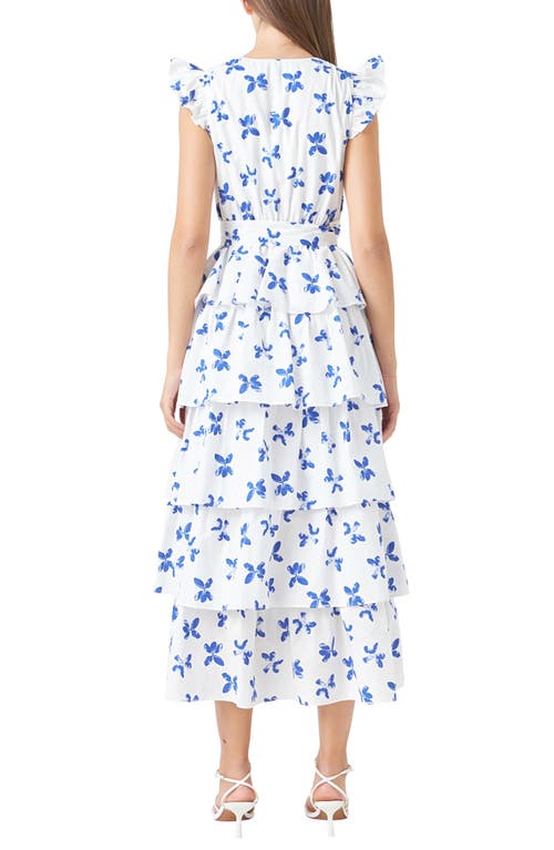 Endless Rose Floral Tiered Belted Maxi Dress In White/blue
