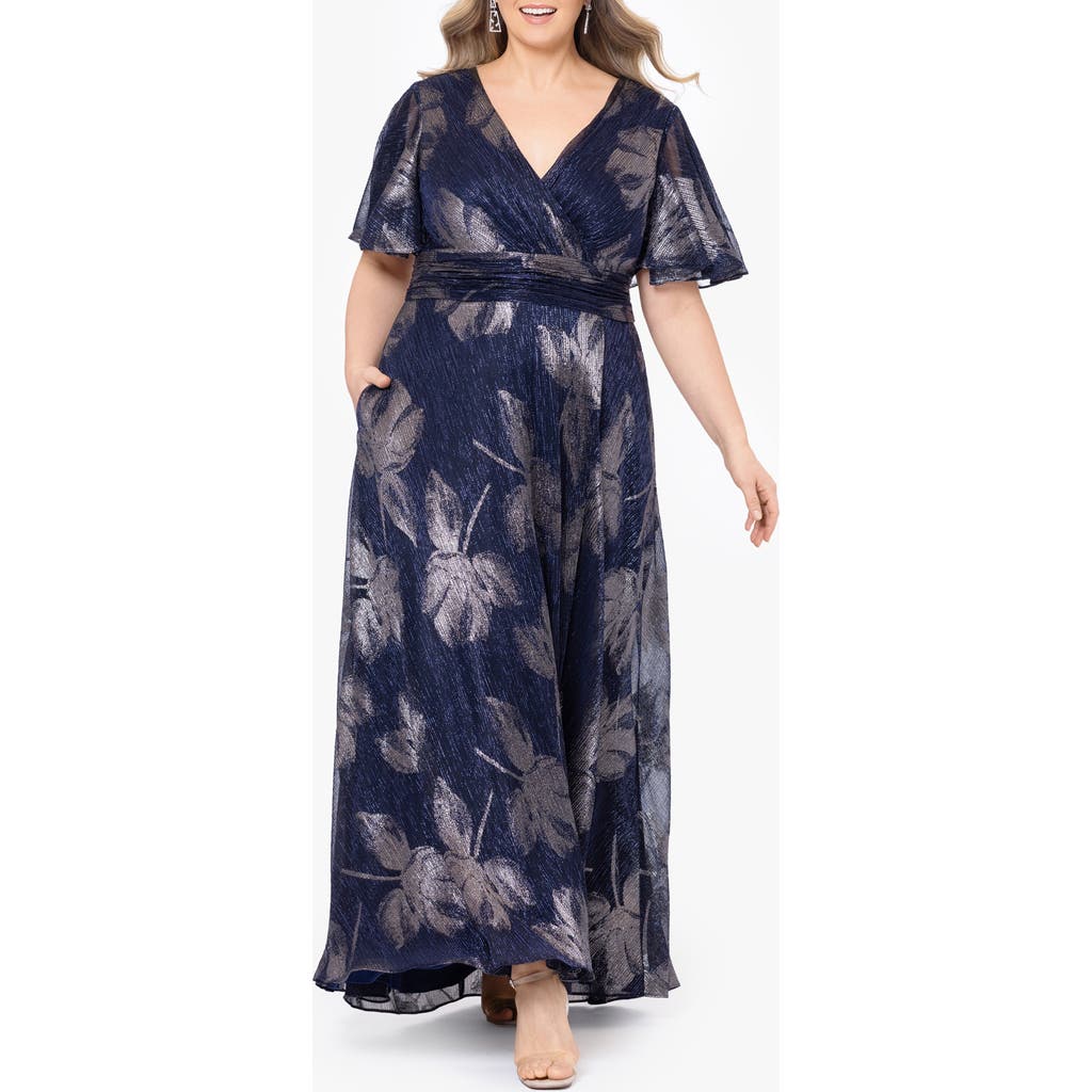 Betsy & Adam Floral Foil Print Flutter Sleeve Gown In Blue