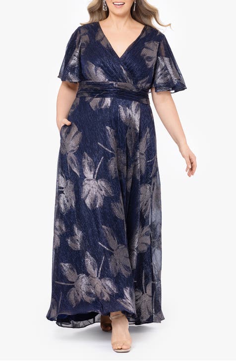 Floral Foil Print Flutter Sleeve Gown (Plus)