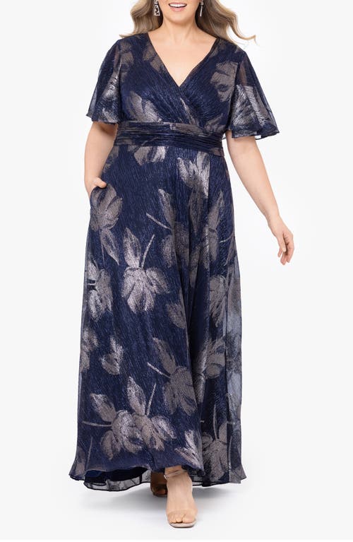 Shop Betsy & Adam Floral Foil Print Flutter Sleeve Gown In Navy/gunmetal