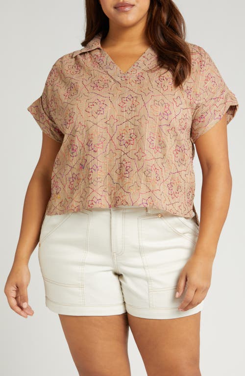 Embroidered Floral Short Sleeve Woven Top in Mocha Multi