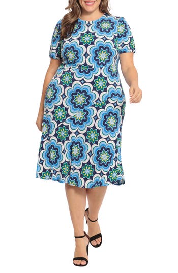 Donna Morgan Jewel Neck Floral Midi Dress In Blue