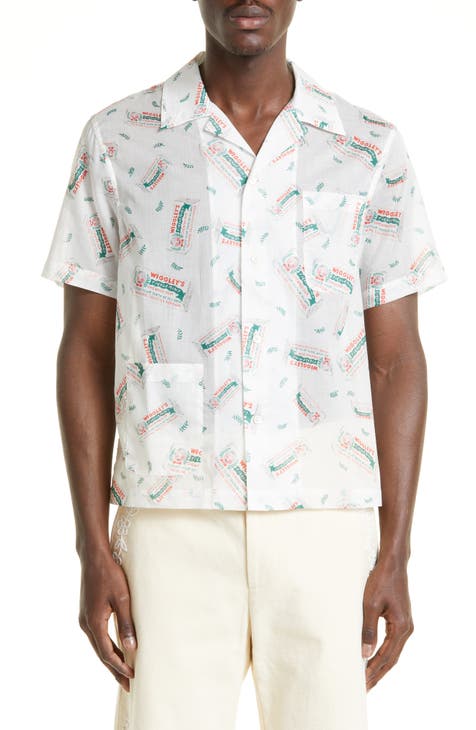 Bode New York City Map Short Sleeve Silk Button-Up Shirt in Multi Ivory at Nordstrom, Size Small