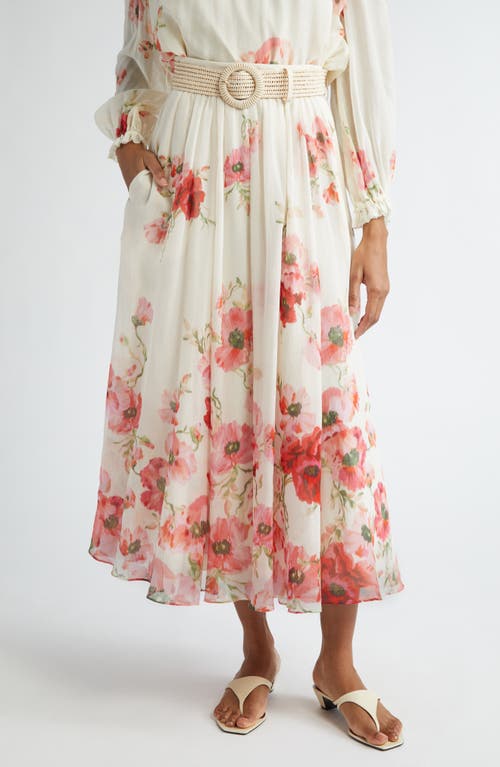 Shop Zimmermann Lightburst Floral Belted Cotton & Silk Maxi Skirt In Cream/red Floral