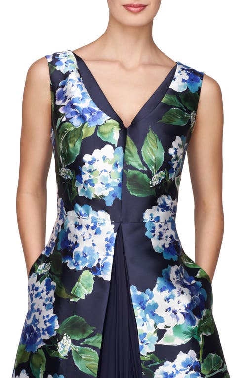 Shop Kay Unger Giavanna Floral A-line Midi Dress In Midnight Blue