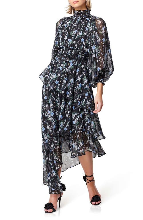Elliatt Wistfully Floral Print Tiered Asymmetric Hem Dress Black Multi at Nordstrom,