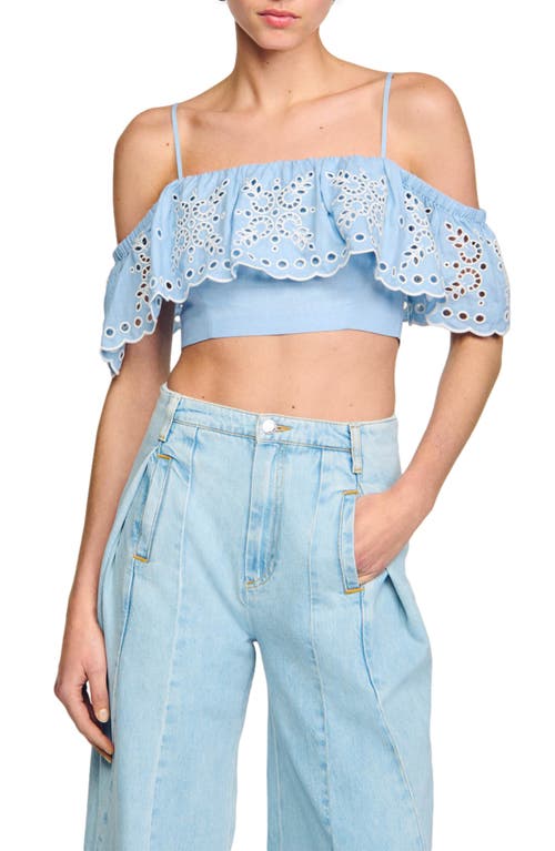 sandro Alon Ruffle Eyelet Cold Shoulder Crop Top Sky Blue at Nordstrom,