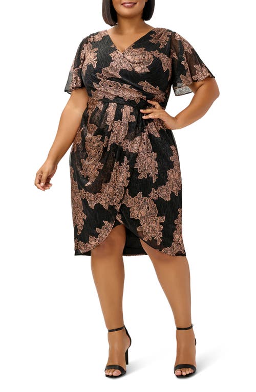 Adrianna Papell Floral Print Metallic Crinkle Dress in Rose Gold/Black