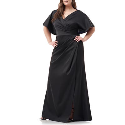 Plus Size Js Collections Faux Wrap Bonded Satin Gown, Black