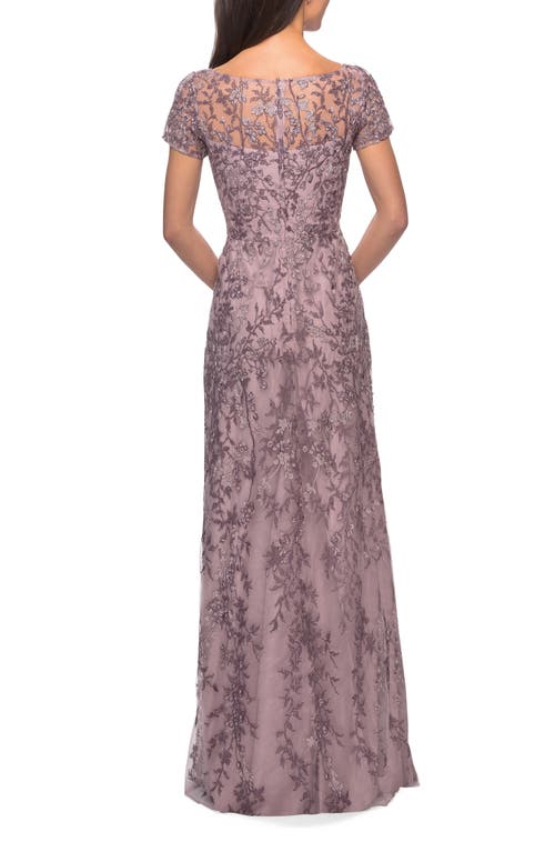 Shop La Femme Floral Beaded Evening Dress With Sheer Cap Sleeves In Dusty Lilac