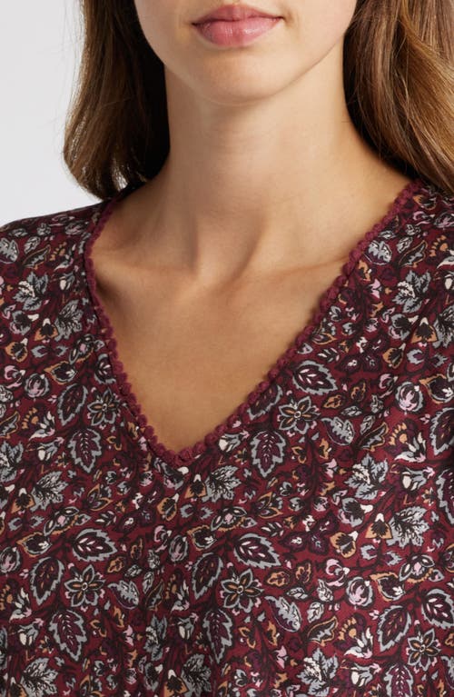 Shop Bobeau Floral Print Rickrack Trim Top In Oxblood/gray