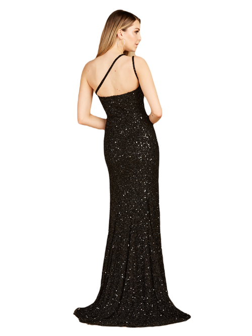 Lara New York One-shoulder Beaded Gown With Slit In Black