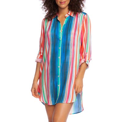 La Blanca Solar Stripe Long Sleeve Cover-Up Shirtdress, Red
