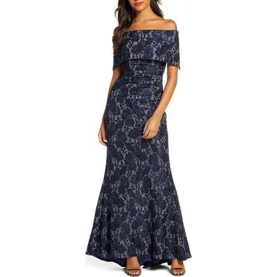 Vince Camuto Sequin Lace Off The Shoulder Gown, Blue