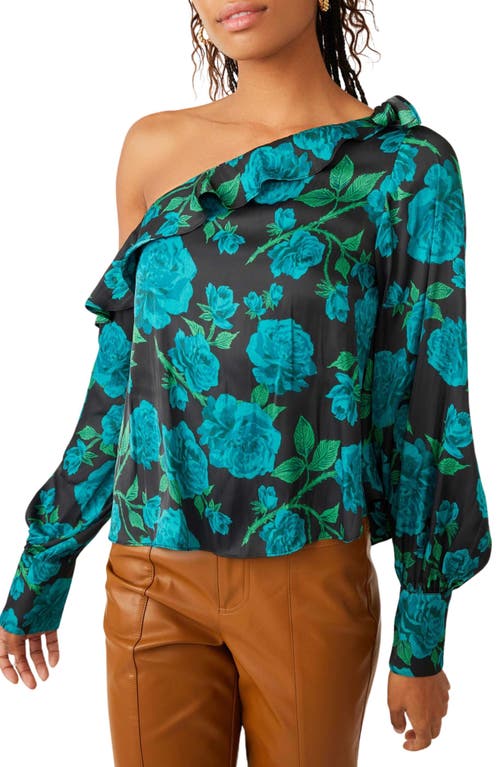 Free People These Nights Floral One-Shoulder Satin Top in Black/Teal Combo at Nordstrom, Size X-Small