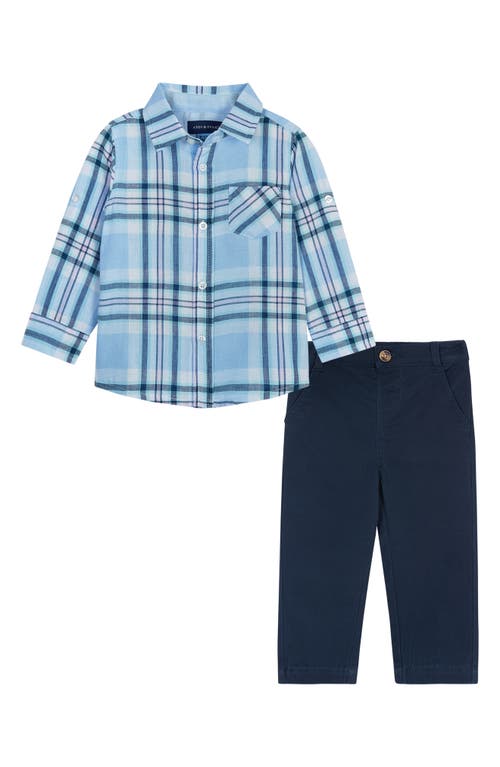 Andy & Evan Plaid Cotton Button-Up Shirt & Pants Set in Light Blue Plaid at Nordstrom, Size 9-12M