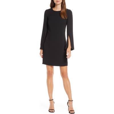 Forest Lily Split Long Sleeve Crepe Dress, Black