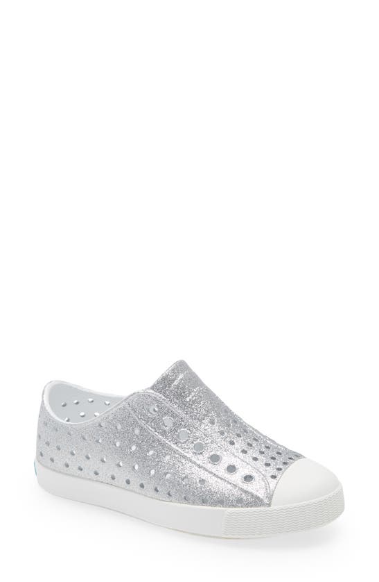 Nordstrom X Native Shoes Kids' Jefferson Bling Glitter Slip-on Vegan Sneaker In Silver Bling/ Shell White