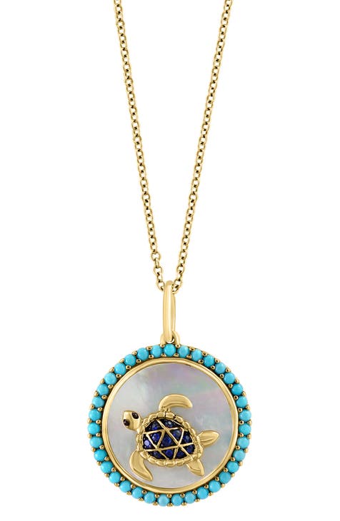 14K Yellow Gold Mother of Pearl & Turquoise Turtle Pendant Necklace