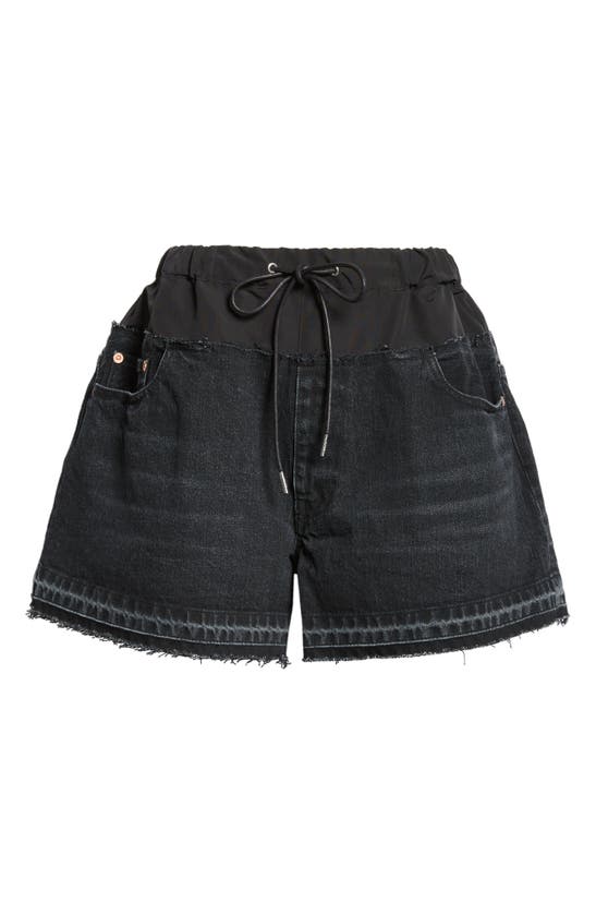 Shop Sacai Drawstring Frayed Hem Denim Shorts In Black