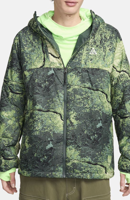 Shop Nike Acg Rope De Dope Therma-fit Adv Allover Print Jacket In Vintage Green/ Summit White