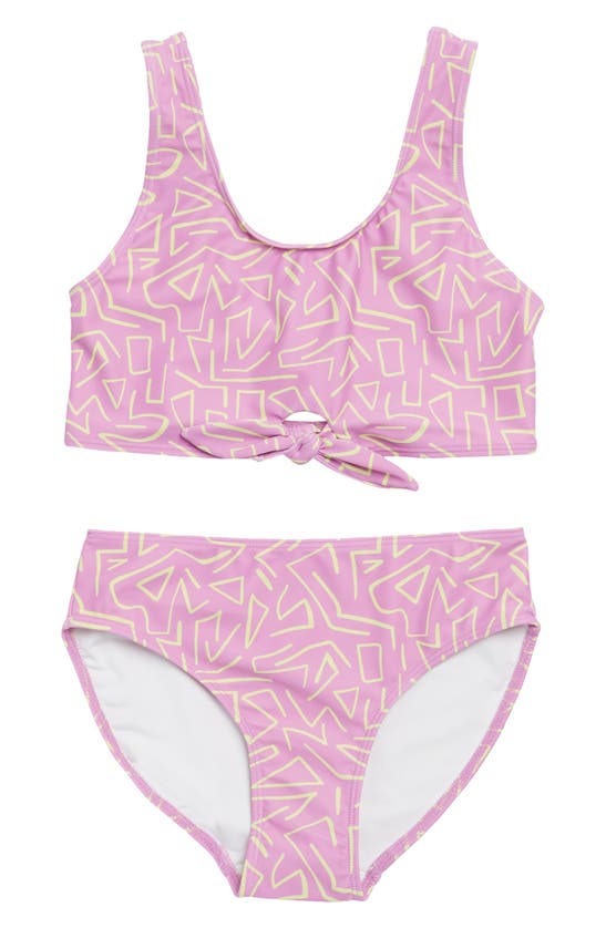 Melrose And Market Kids' Tie Front Two-piece Swimsuit In Purple Lily Maze Linework