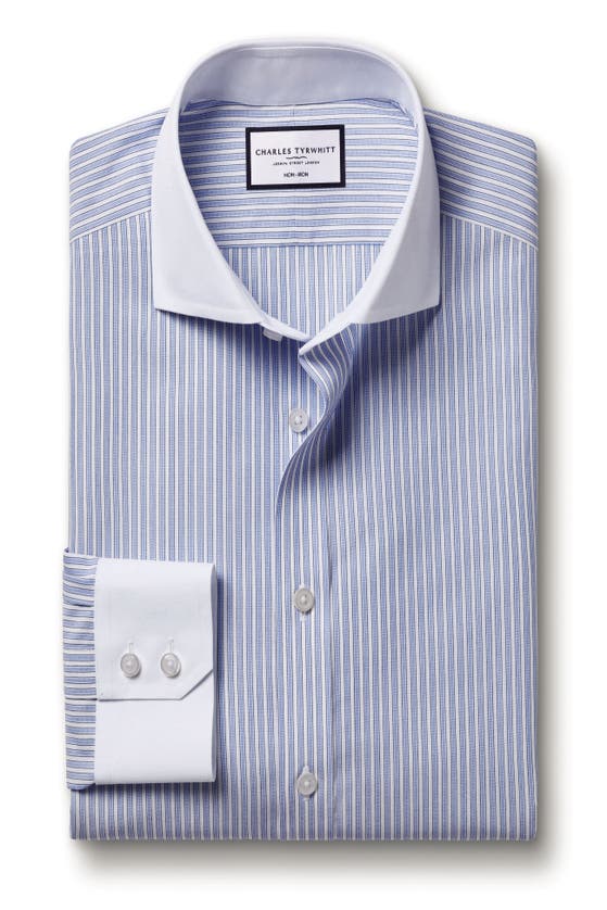 Shop Charles Tyrwhitt Winchester Guard Stripe Non-iron Poplin Slim Fit Shirt Single Cuff In Cornflower Blue