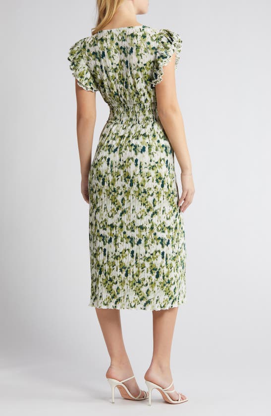 Shop Chelsea28 Flutter Sleeve Plissé Midi Dress In Green- Ivory Artful Petals