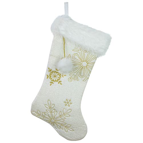 Northlight 20" Cream With Gold Snowflakes Christmas Stocking With Faux Fur Cuff In White
