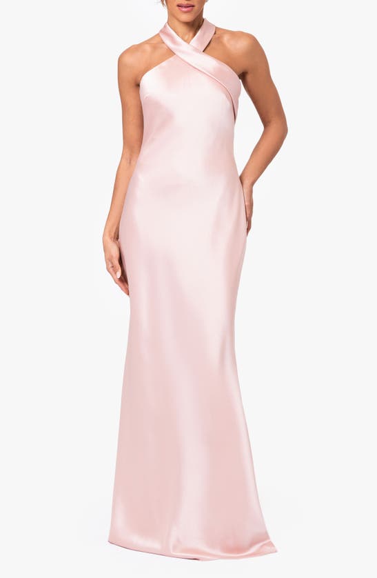 Xscape Halter Neck Satin Trumpet Gown In Rose/ Gold