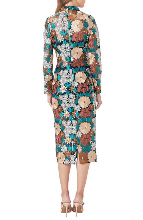 Shop Endless Rose Floral Embroidered Long Sleeve Dress In Green Multi