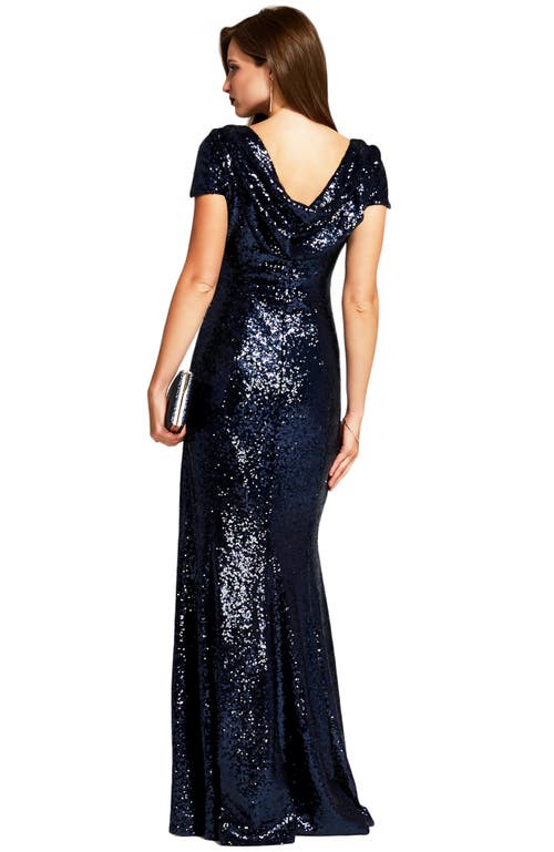 Shop Hotsquash London Clothing Mermaid Shape Sequin Gown With Cowl Back In Navy