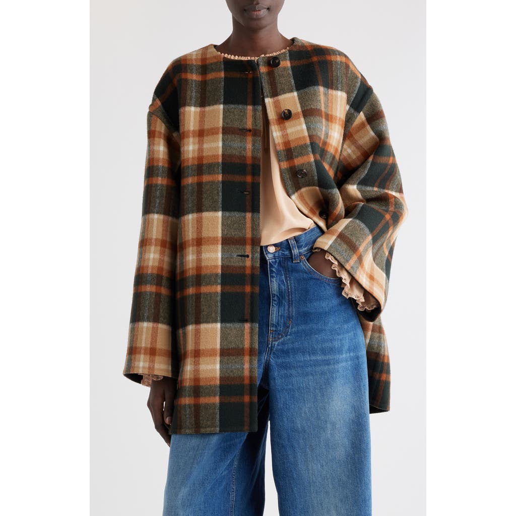 Chloé Check Double Face Wool & Silk Coat In Black Brown