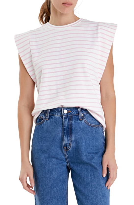 Shop English Factory Stripe Extended Shoulder T-shirt In White/ Pink