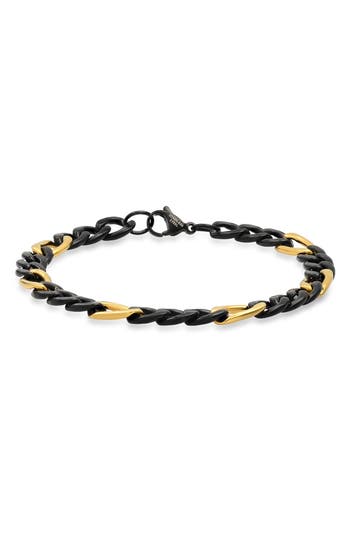Shop Hmy Jewelry 18k Gold Plated Stainless Steel Two-tone Figaro Chain Bracelet In Black/yellow