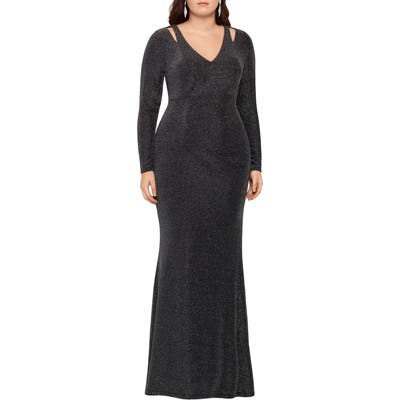 Plus Size Xscape Metallic Cold Shoulder Long Sleeve Gown, Black
