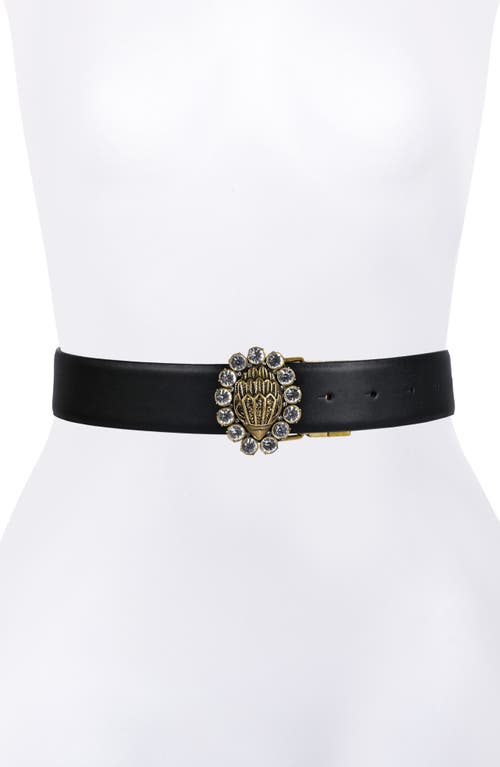 Leather Belt with Crystal-Embellished Eagle Head Buckle in Black Antique Bras